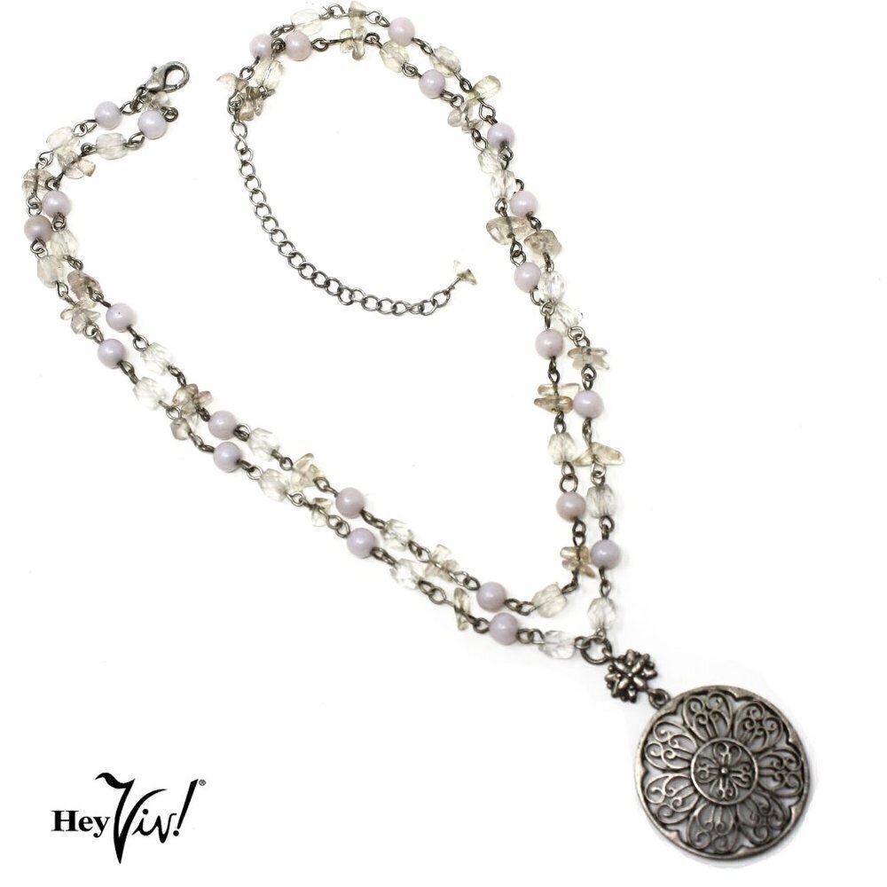Vintage Double Strand Necklace w Intricate Round Pendant Pearly Beads - Hey Viv